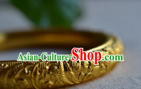China National Carving Peony Golden Bracelet Jewelry Traditional Handmade Qing Dynasty Bangle Accessories
