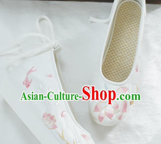 China Traditional Embroidered Lotus Shoe Ancient Princess White Cloth Shoes Classical Dance Shoes
