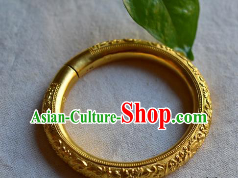China National Carving Peony Golden Bracelet Jewelry Traditional Handmade Qing Dynasty Bangle Accessories