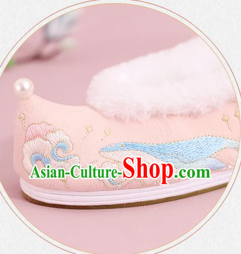 China Winter Hanfu Shoes Embroidered Shoes Ming Dynasty Princess Shoes National Pink Cloth Shoes