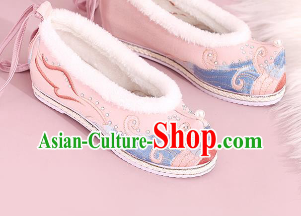China Winter Hanfu Shoes Embroidered Shoes Ming Dynasty Princess Shoes National Pink Cloth Shoes