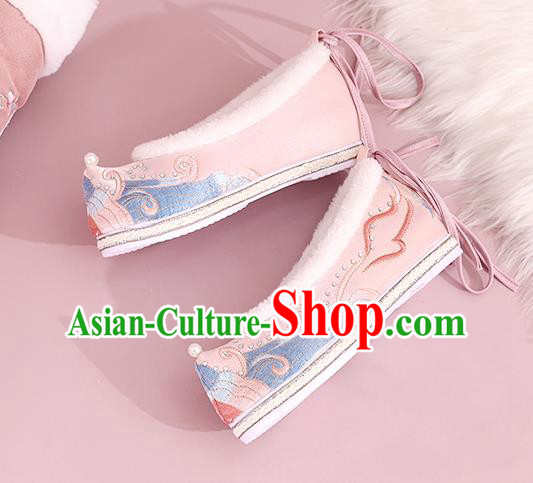 China Winter Hanfu Shoes Embroidered Shoes Ming Dynasty Princess Shoes National Pink Cloth Shoes