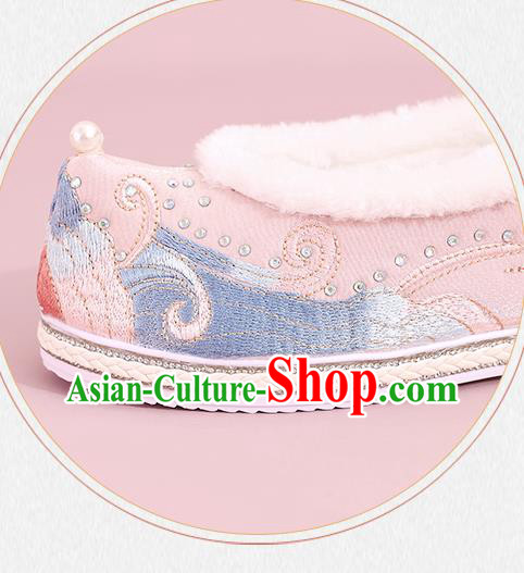 China Winter Hanfu Shoes Embroidered Shoes Ming Dynasty Princess Shoes National Pink Cloth Shoes