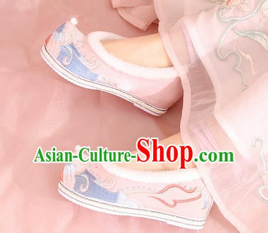 China Winter Hanfu Shoes Embroidered Shoes Ming Dynasty Princess Shoes National Pink Cloth Shoes