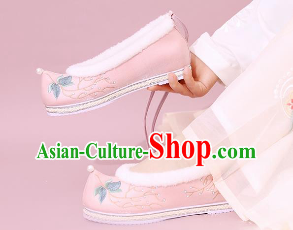 China National Winter Shoes Traditional Hanfu Shoes Embroidered Shoes Pink Cloth Shoes