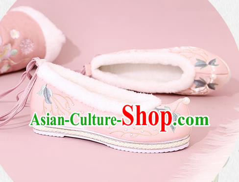 China National Winter Shoes Traditional Hanfu Shoes Embroidered Shoes Pink Cloth Shoes