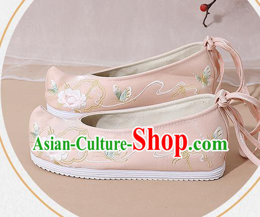 China Traditional Hanfu Shoes Ming Dynasty Young Lady Embroidered Shoes National Pink Cloth Shoes
