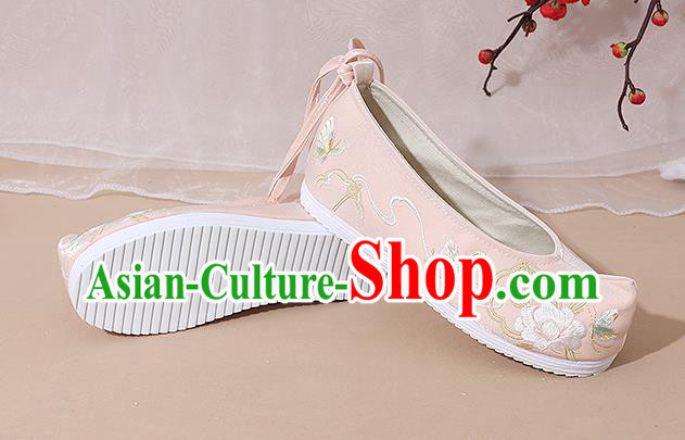 China Traditional Hanfu Shoes Ming Dynasty Young Lady Embroidered Shoes National Pink Cloth Shoes