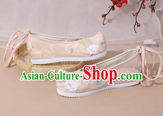 China Traditional Hanfu Shoes Ming Dynasty Young Lady Embroidered Shoes National Pink Cloth Shoes