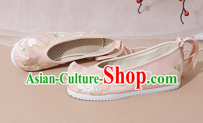 China Traditional Hanfu Shoes Ming Dynasty Young Lady Embroidered Shoes National Pink Cloth Shoes
