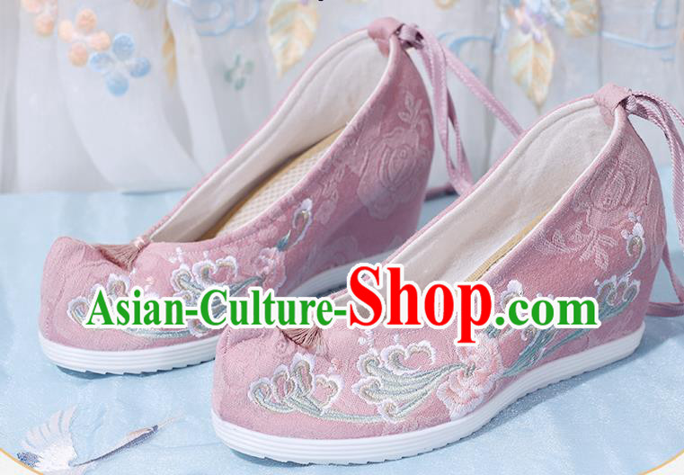 China National Wedge Heel Shoes Traditional Pink Cloth Shoes Embroidered Shoes