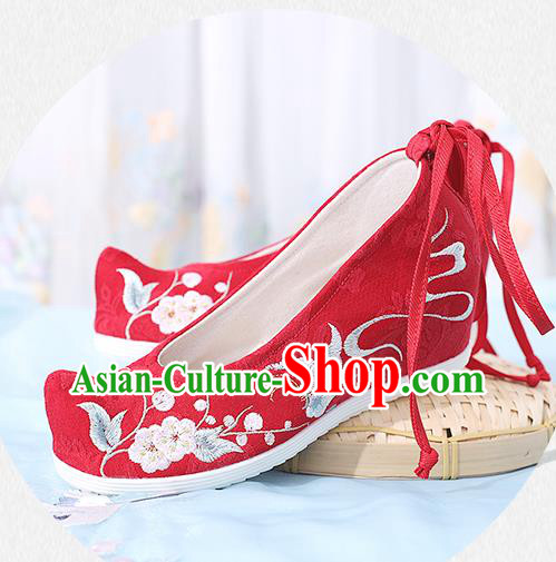 China Traditional Red Cloth Shoes National Wedge Heel Shoes Embroidered Plum Butterfly Shoes