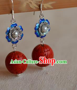 Chinese Ancient Empress Cloisonne Silver Ear Jewelry Traditional Carved Lacquerware Earrings Pearl Accessories