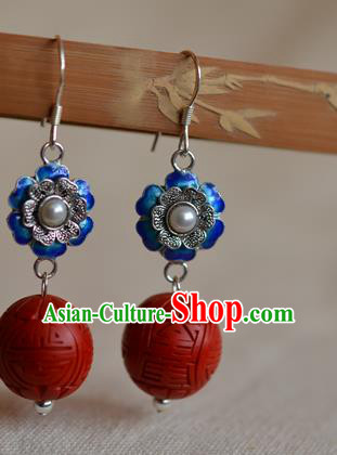 Chinese Ancient Empress Cloisonne Silver Ear Jewelry Traditional Carved Lacquerware Earrings Pearl Accessories