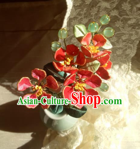 Chinese Ancient Princess Red Silk Flowers Hair Stick Traditional Hanfu Green Beads Hairpin