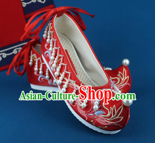 China Traditional Wedding Shoes Pearls Red Cloth Shoes Embroidered Phoenix Shoes