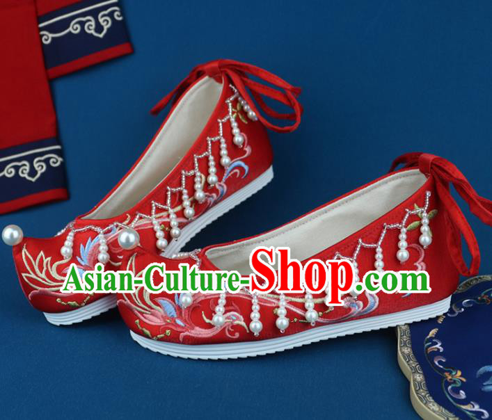 China Traditional Wedding Shoes Pearls Red Cloth Shoes Embroidered Phoenix Shoes