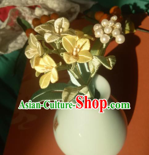 Chinese Traditional Hanfu Yellow Silk Rape Flower Hairpin Ancient Princess Pearls Hair Stick