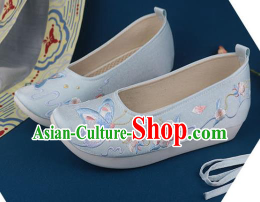 China Traditional Ming Dynasty Shoes Light Blue Shoes National Embroidered Butterfly Shoes