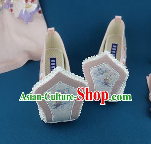 China Traditional Song Dynasty Shoes Handmade Pink Cloth Shoes Ancient Princess Embroidered Shoes