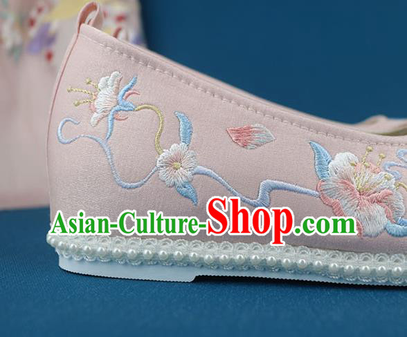 China Traditional Song Dynasty Shoes Handmade Pink Cloth Shoes Ancient Princess Embroidered Shoes