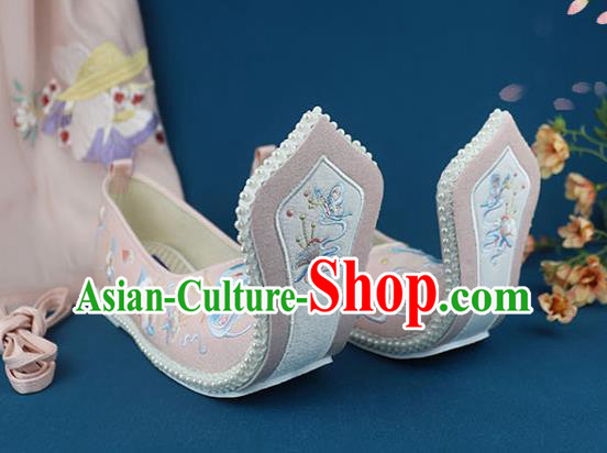 China Traditional Song Dynasty Shoes Handmade Pink Cloth Shoes Ancient Princess Embroidered Shoes