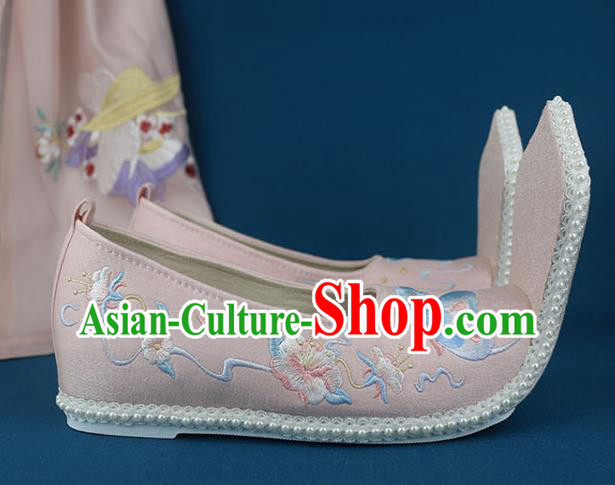 China Traditional Song Dynasty Shoes Handmade Pink Cloth Shoes Ancient Princess Embroidered Shoes