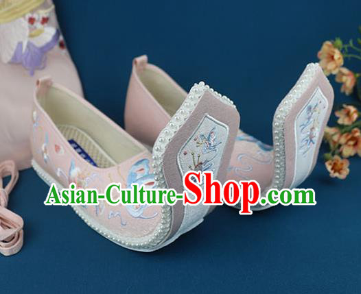 China Traditional Song Dynasty Shoes Handmade Pink Cloth Shoes Ancient Princess Embroidered Shoes