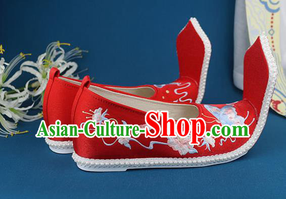 China Ancient Princess Embroidered Shoes Traditional Song Dynasty Shoes Handmade Wedding Red Cloth Shoes