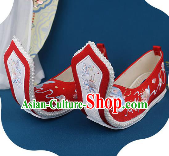 China Ancient Princess Embroidered Shoes Traditional Song Dynasty Shoes Handmade Wedding Red Cloth Shoes