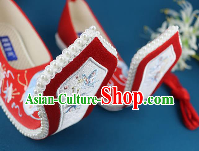 China Ancient Princess Embroidered Shoes Traditional Song Dynasty Shoes Handmade Wedding Red Cloth Shoes