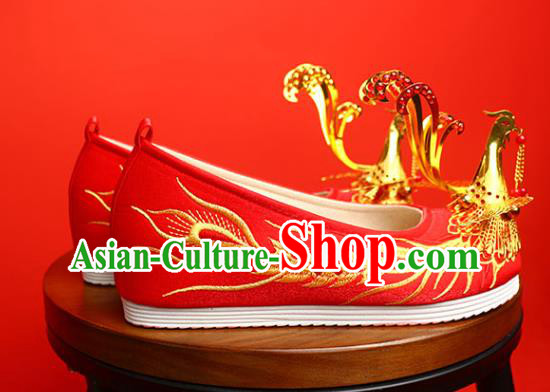 China Golden Phoenix Shoes Traditional Wedding Shoes Handmade Bride Red Satin Shoes