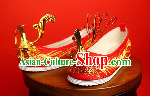 China Golden Phoenix Shoes Traditional Wedding Shoes Handmade Bride Red Satin Shoes