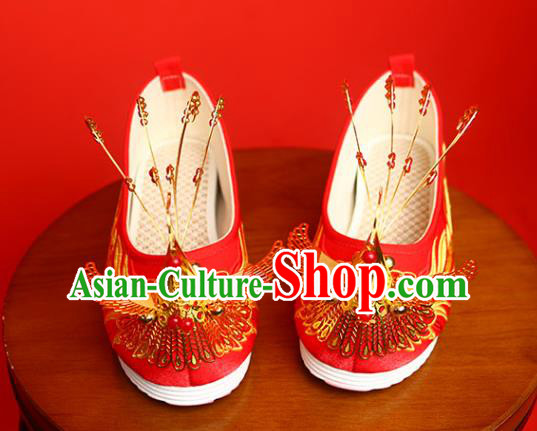 China Golden Phoenix Shoes Traditional Wedding Shoes Handmade Bride Red Satin Shoes