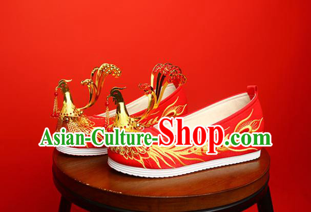 China Golden Phoenix Shoes Traditional Wedding Shoes Handmade Bride Red Satin Shoes