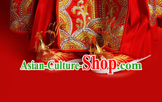 China Golden Phoenix Shoes Traditional Wedding Shoes Handmade Bride Red Satin Shoes