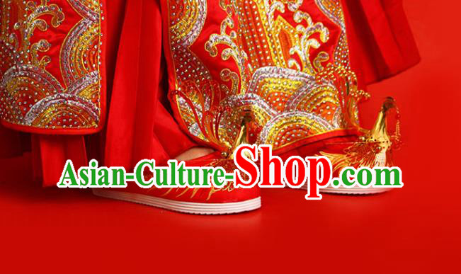 China Golden Phoenix Shoes Traditional Wedding Shoes Handmade Bride Red Satin Shoes