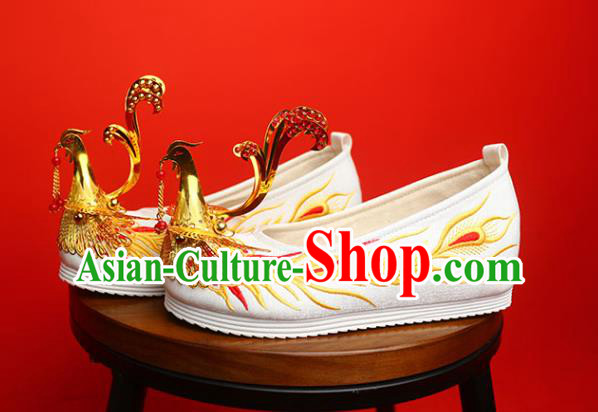 China Handmade Bride White Satin Shoes Golden Phoenix Shoes Traditional Wedding Shoes