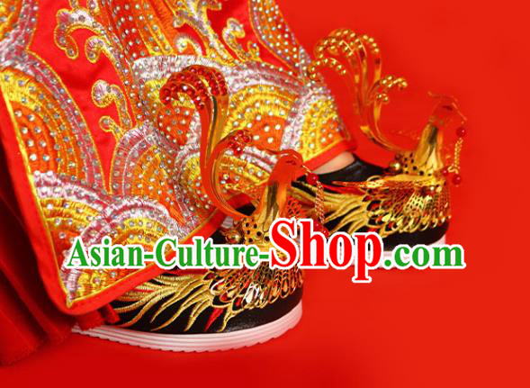 China Traditional Wedding Embroidered Shoes Handmade Bride Black Satin Shoes Golden Phoenix Shoes
