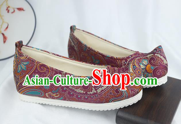 China Traditional Hanfu Bow Shoes Handmade National Purple Brocade Shoes