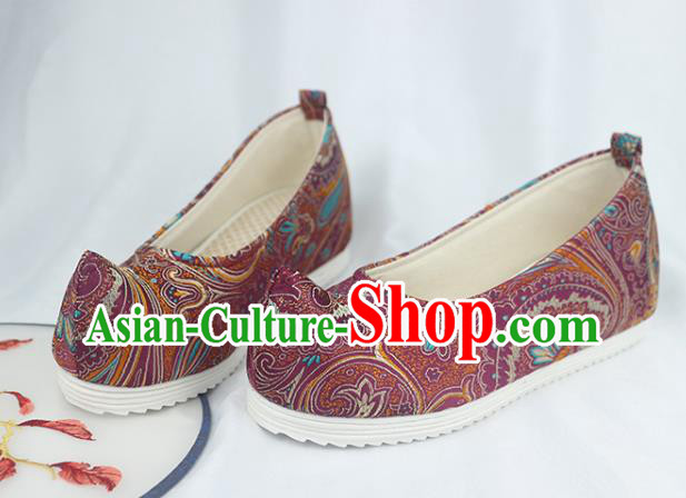 China Traditional Hanfu Bow Shoes Handmade National Purple Brocade Shoes