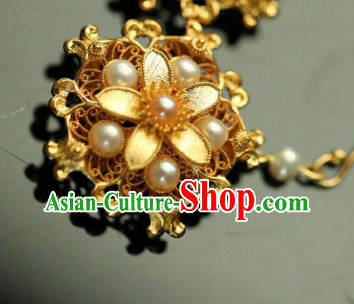 Chinese Ancient Empress Golden Flower Ear Jewelry Traditional Ming Dynasty Pearls Earrings Accessories
