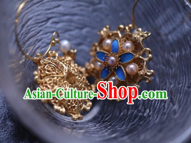 Chinese Traditional Ming Dynasty Pearls Earrings Accessories Ancient Empress Cloisonne Flower Ear Jewelry