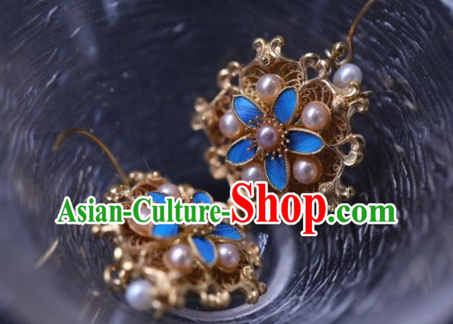 Chinese Traditional Ming Dynasty Pearls Earrings Accessories Ancient Empress Cloisonne Flower Ear Jewelry