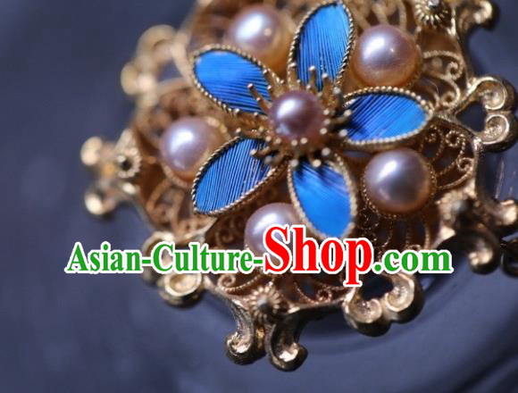 Chinese Traditional Ming Dynasty Pearls Earrings Accessories Ancient Empress Cloisonne Flower Ear Jewelry