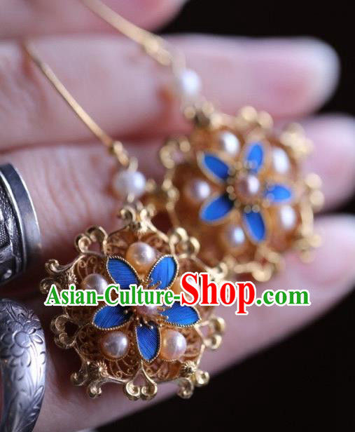 Chinese Traditional Ming Dynasty Pearls Earrings Accessories Ancient Empress Cloisonne Flower Ear Jewelry