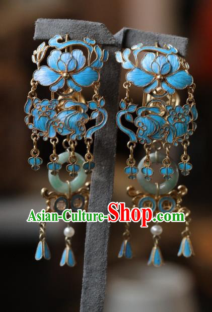 Chinese Ancient Empress Jade Ear Jewelry Traditional Qing Dynasty Cloisonne Earrings Accessories