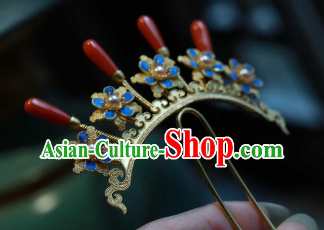 Chinese Ancient Ming Dynasty Empress Agate Pearls Hair Stick Handmade Hair Accessories Traditional Court Cloisonne Plum Blossom Hairpin