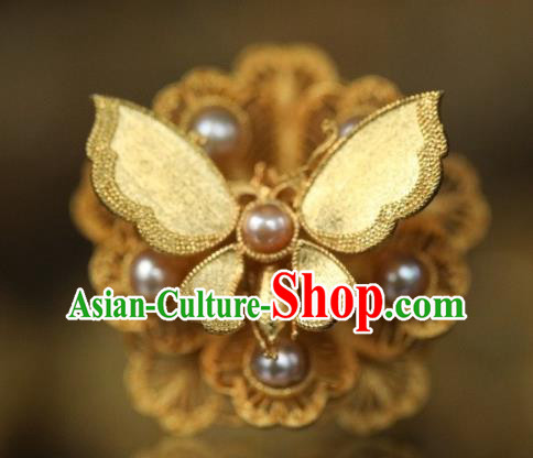 China National Golden Butterfly Ring Jewelry Traditional Handmade Qing Dynasty Pearls Circlet Accessories