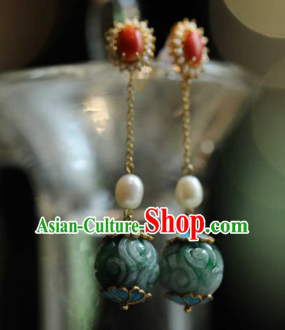 Chinese Traditional Pearls Earrings Accessories Ancient Empress Jade Ear Jewelry